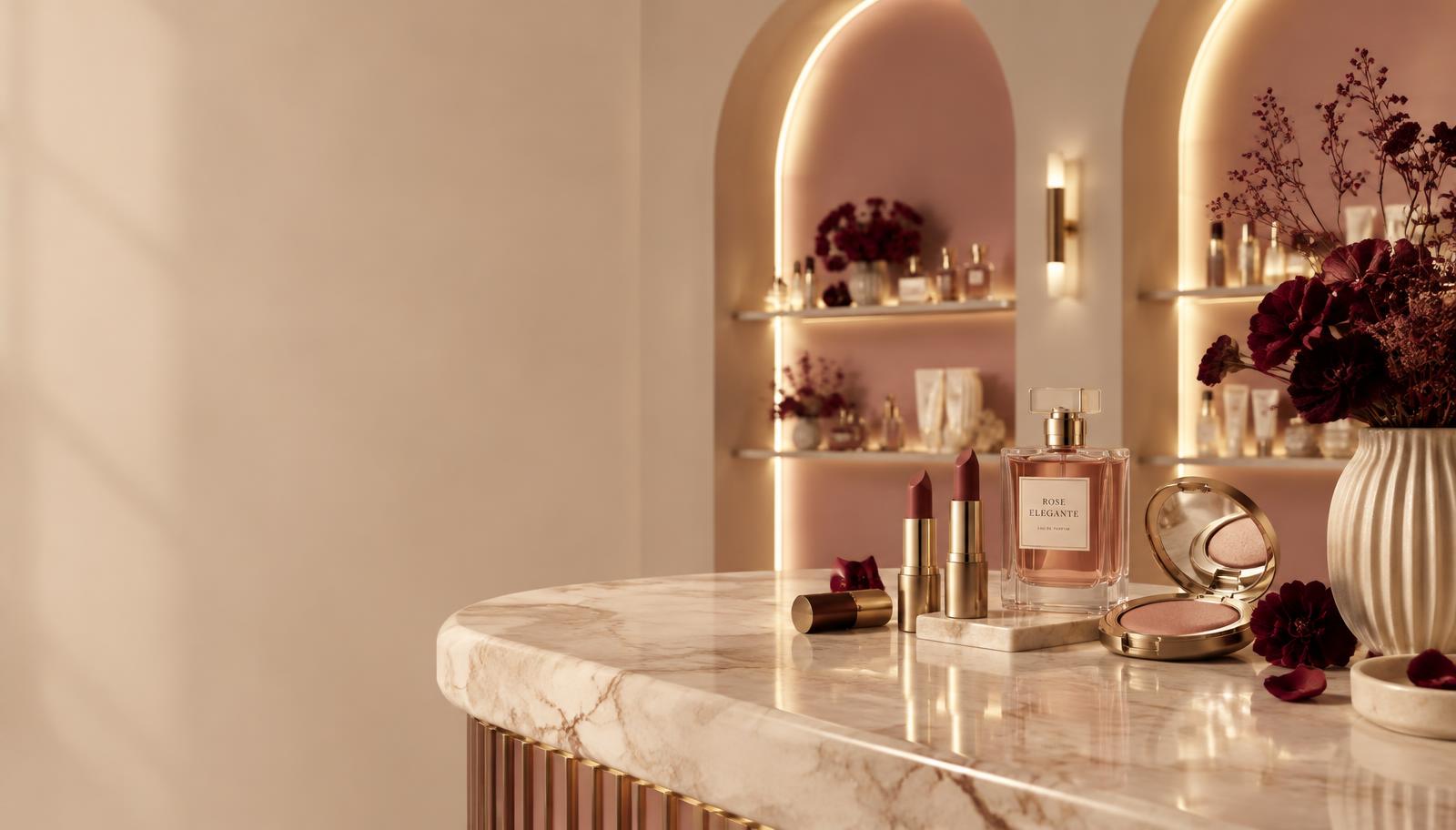 AMARA beauty boutique with arched pink shelves